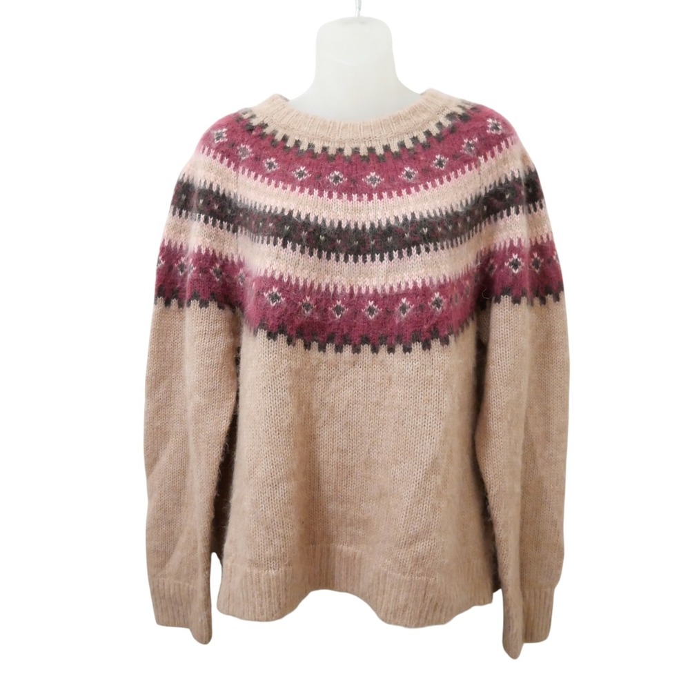 Madewell Alpaca Blend Fair Isle Sweater L Tan Wine Crew Neck Pullover